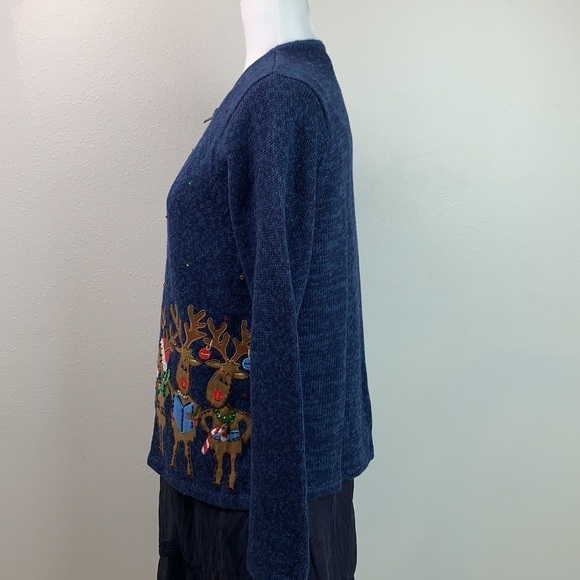 Singing reindeers cotton zip up vintage Tiara International Christmas sweater - Picture 6 of 11